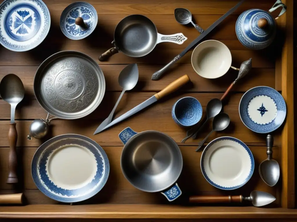 Un conjunto de herramientas culinarias de la época de las Cruzadas, con detallados utensilios de cocina medievales en una mesa de madera rústica