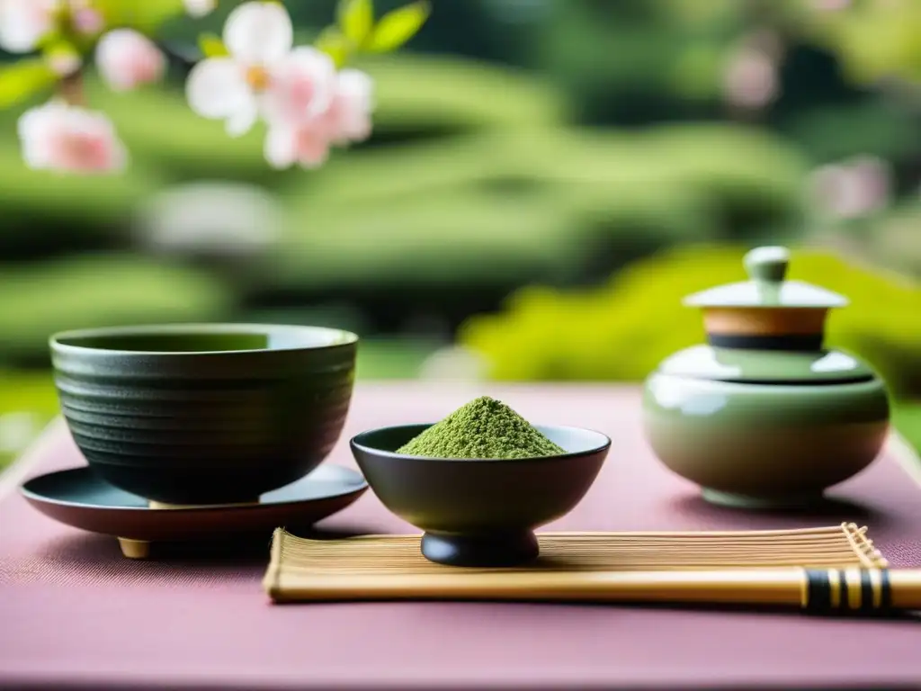 Un conjunto de utensilios para la ceremonia del té japonés en un jardín con cerezos en flor