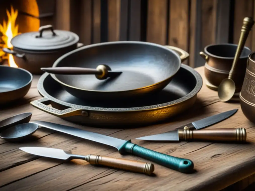 Un conjunto de utensilios de cocina romanos en bronce con detalles intrincados sobre mesa de madera rústica