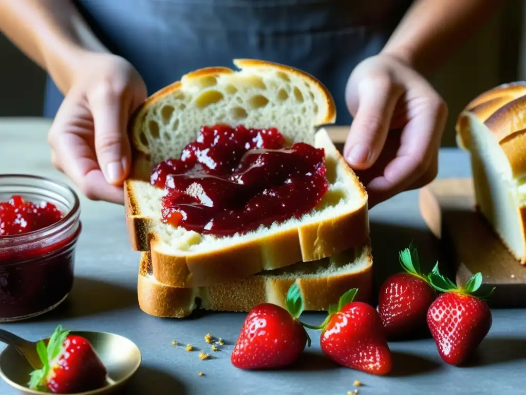 Tradición y conservas: manos expertas untando mermelada de fresa en pan recién horneado en una cocina rústica