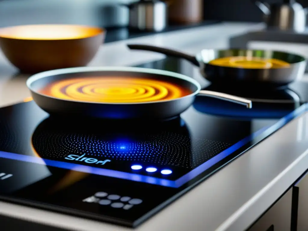 Un cooktop de inducción de alta tecnología en una cocina moderna, detallando la fusión entre tradición e innovación culinaria