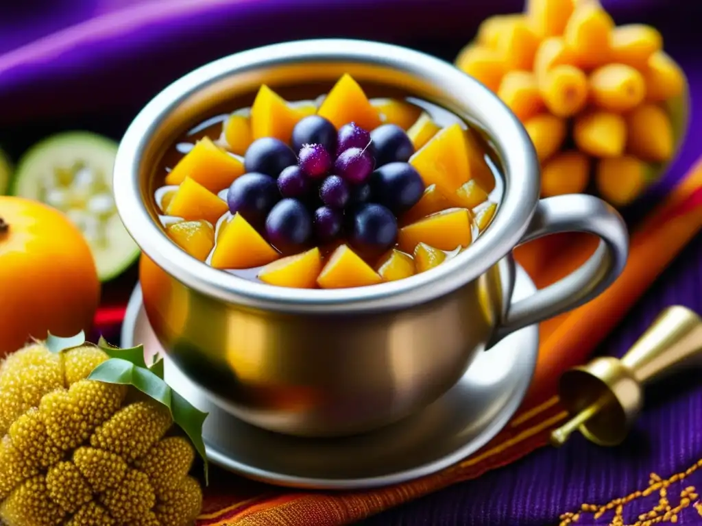 Una copa dorada Inca rebosante de chicha morada y frutas exóticas, sobre textil de alpaca