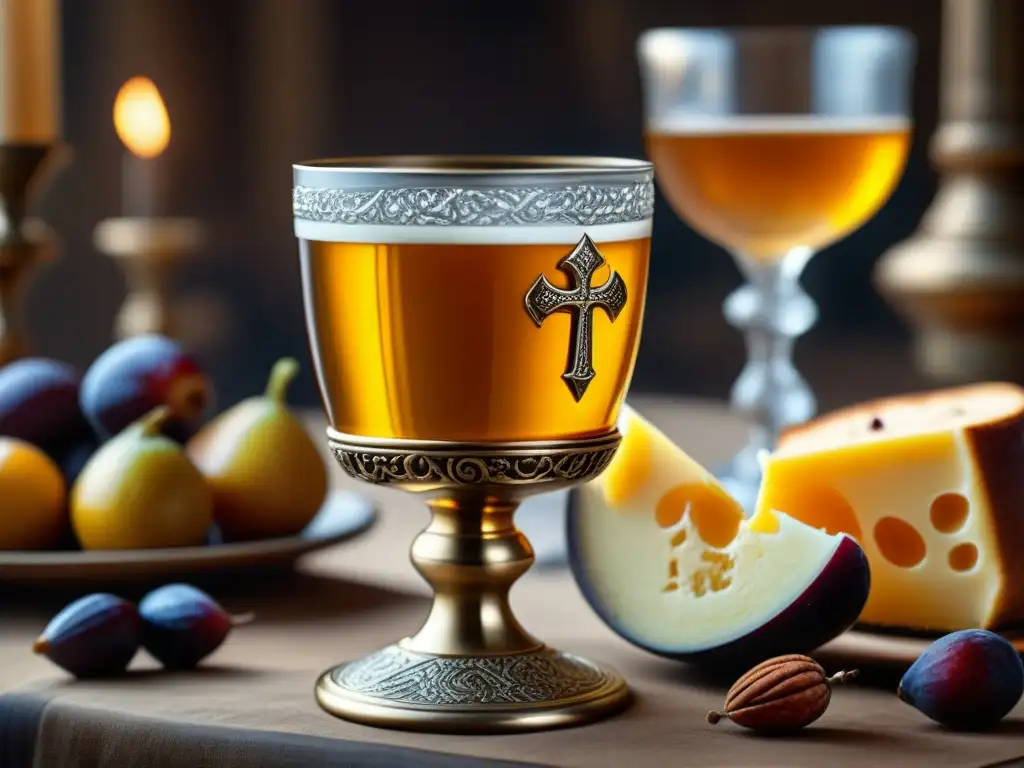 Una copa medieval rebosante de hidromiel dorado, rodeada de símbolos cruzados, en una mesa de banquete con frutos secos y quesos