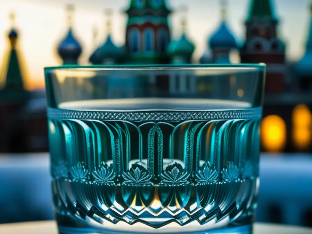 Una copa de vodka ruso adornada con monumentos históricos, reflejando la historia y cultura del zar