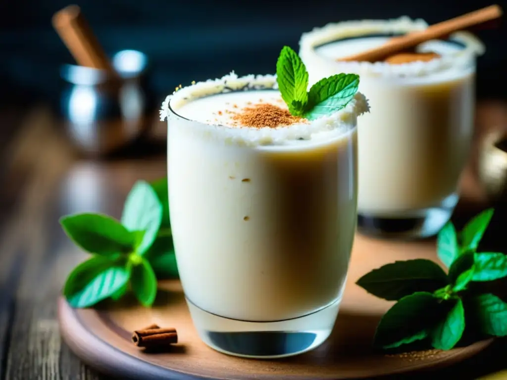 Un Coquito tradicional con coco, canela y menta fresca