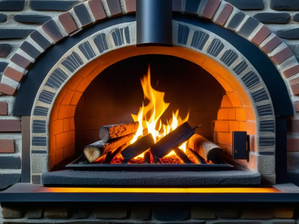 El corazón de la cocina: un antiguo horno de ladrillo con patrones de hollín, llamas danzantes y una atmósfera nostálgica