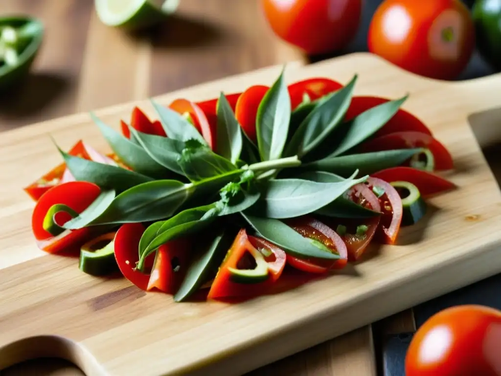 El corazón de la salsa TexMex cobra vida en la meticulosa preparación de jalapeños, tomates y cilantro en un tablero de madera