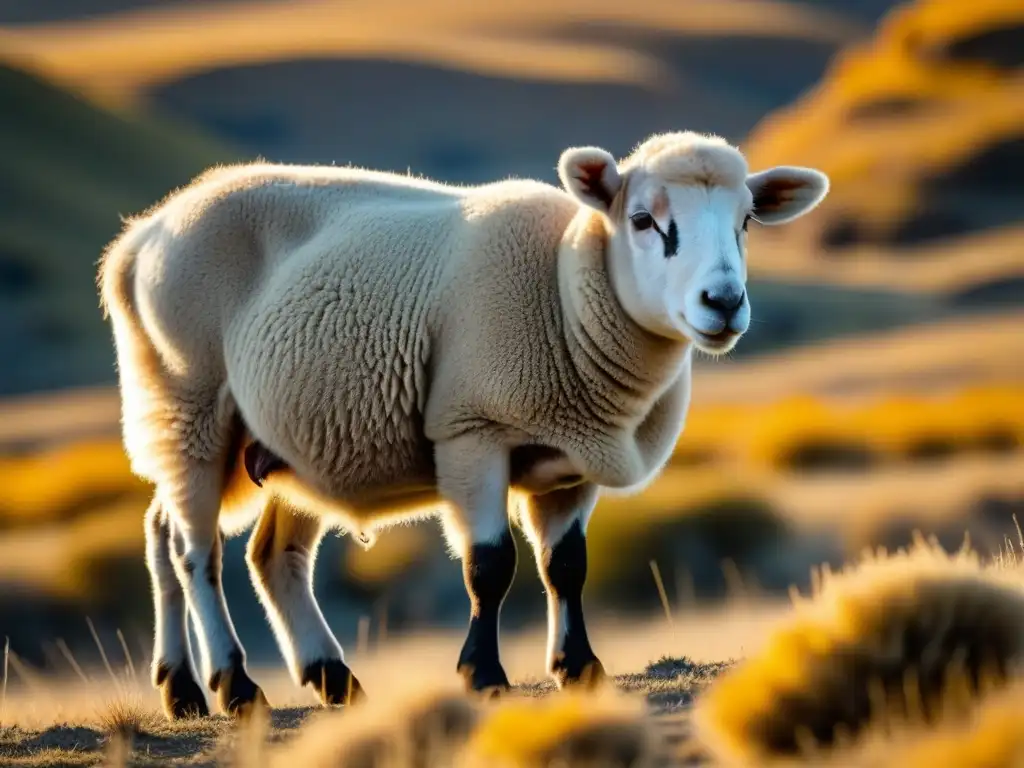 Un cordero patagónico pasta sereno al atardecer en la extensa estepa dorada, resaltando la belleza natural de la región