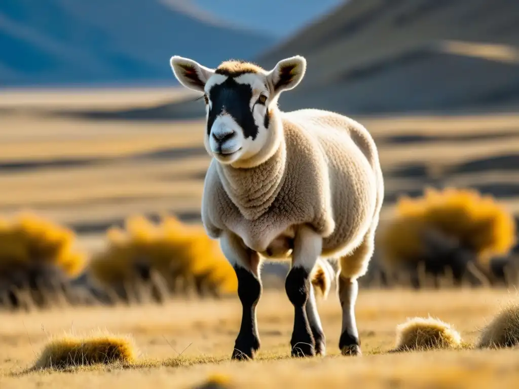 Un cordero patagónico pasta en la vasta estepa dorada, mostrando la belleza natural de su lana