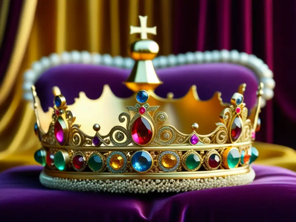 Corona de oro y gemas: detalle exquisito Una corona dorada detallada con gemas y filigranas, sobre cojín de terciopelo, evocando la influencia de la monarquía española en la cocina