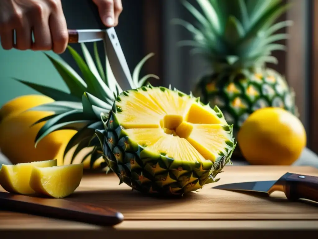 Corte de piña jugosa en tabla de madera con influencia caribeña en postres históricos