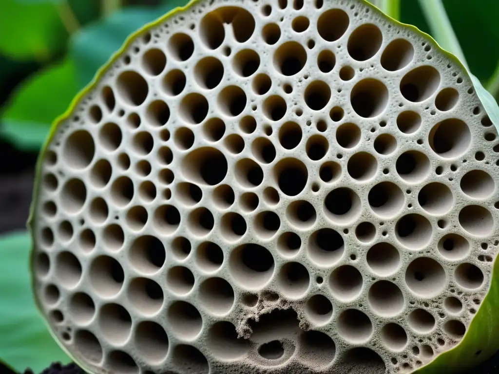 Una raíz de loto recién cosechada, con barro y textura única, revela su belleza natural