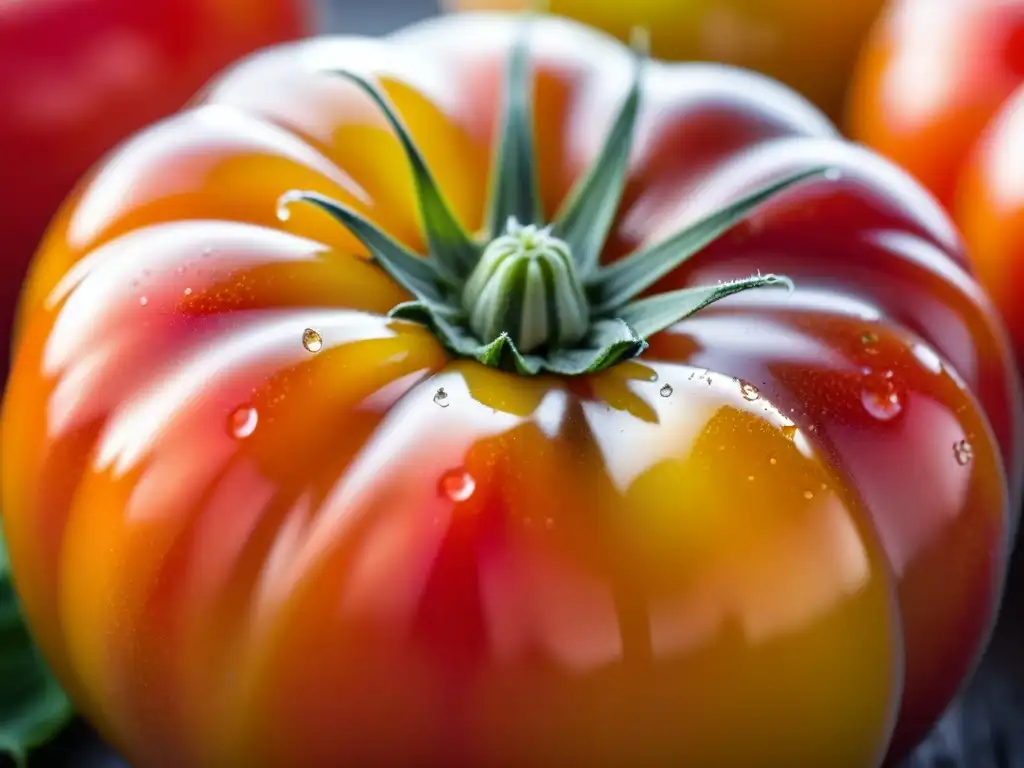 Tomate heirloom recién cosechado, brillante bajo la luz matutina, reflejando la belleza natural