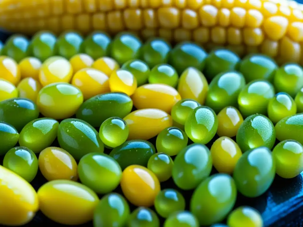 Maíz recién cosechado con gotas de rocío, destacando su variedad de colores y texturas