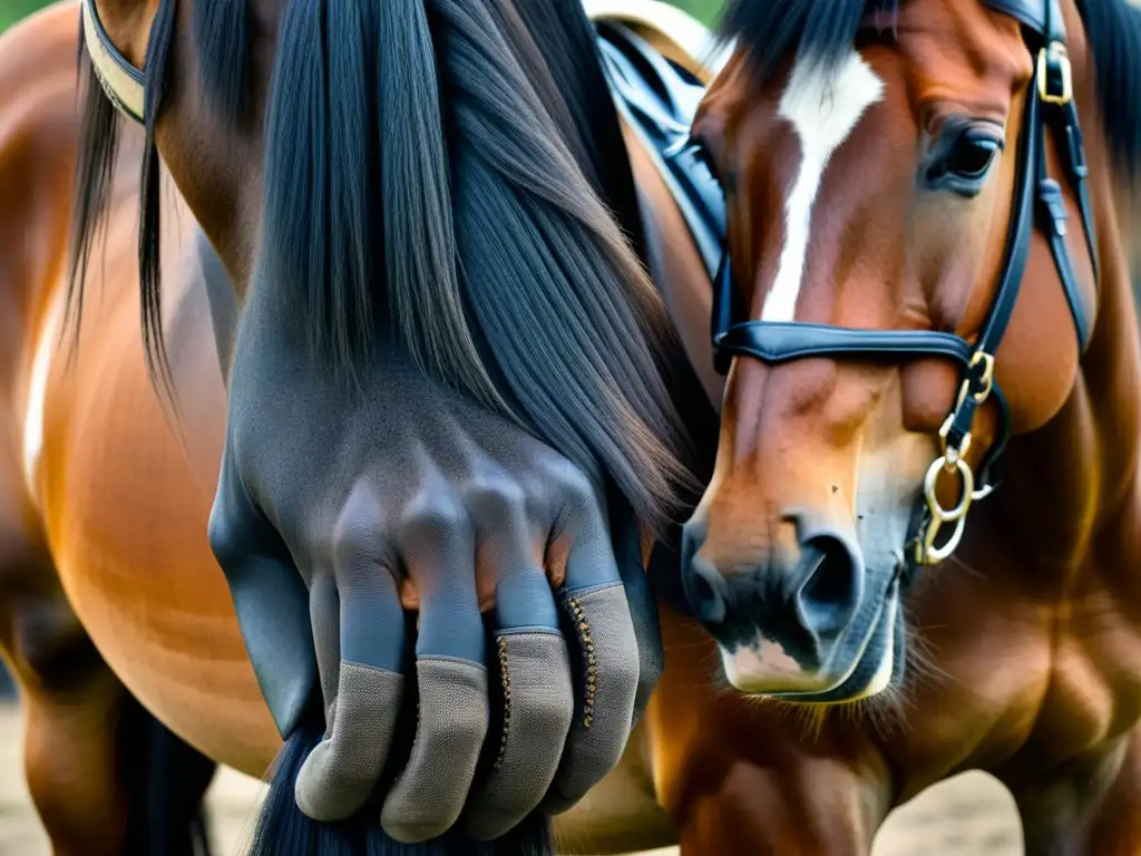 Un cowboy acariciando la crin de un caballo bayo, mostrando la conexión entre hombre y caballo