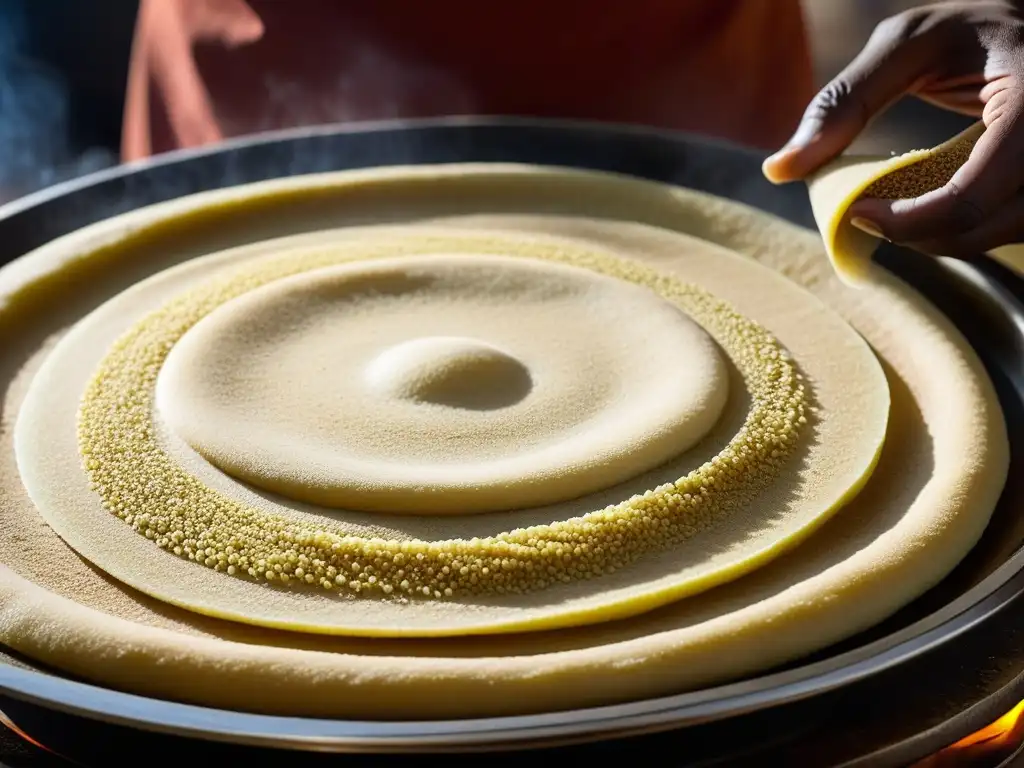 Creación artesanal de injera etíope en una plancha redonda, mostrando la textura y el arte de la cocina africana