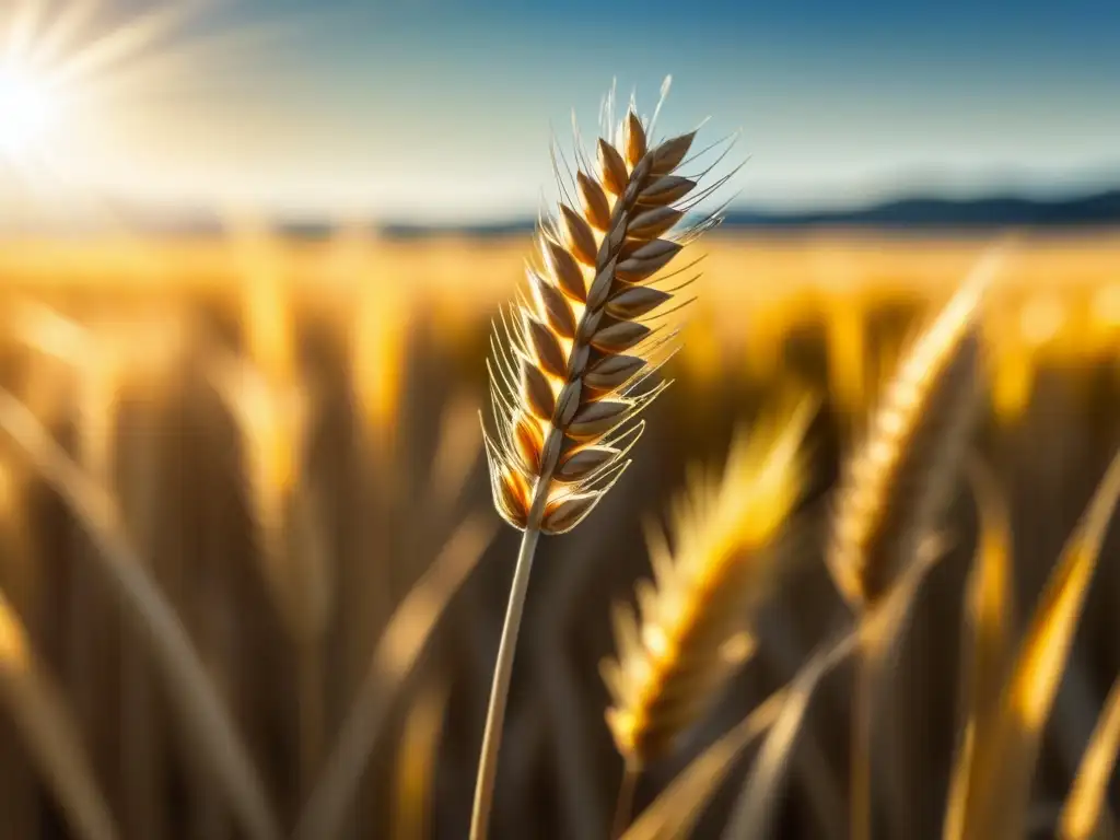 Transformación y crecimiento en la agricultura: un grano de trigo destaca en un campo dorado bajo el sol