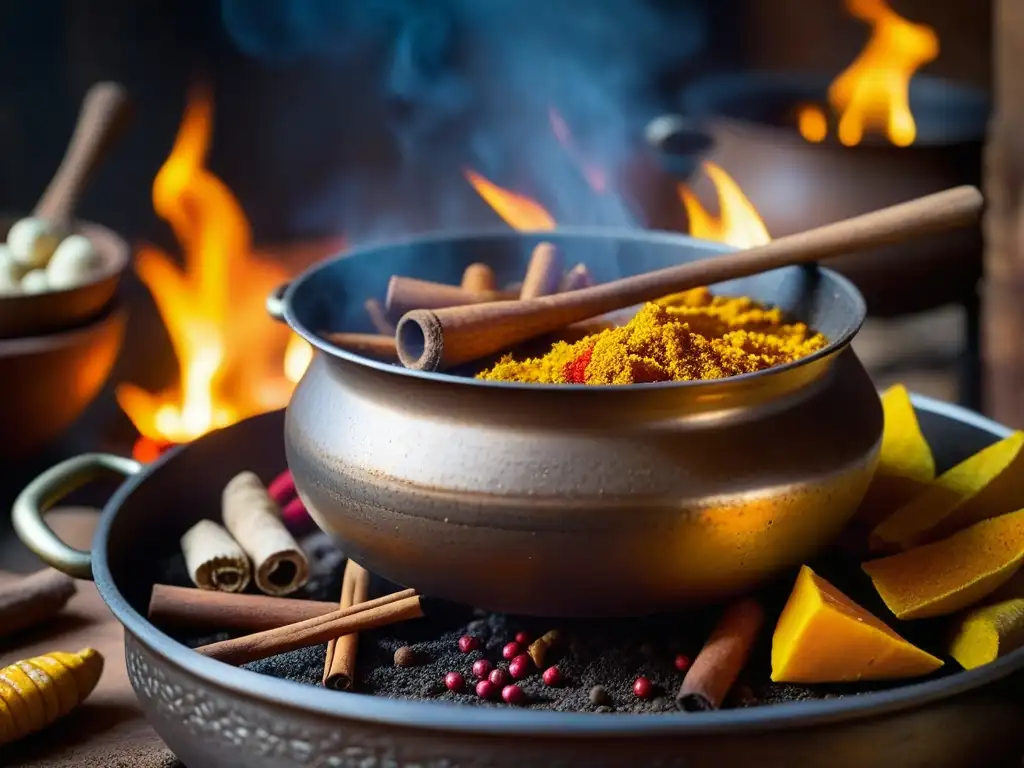 Un crisol de sabores y tradiciones en la cocina colonial africana, con sincretismo y conflictos, resaltando colores y texturas