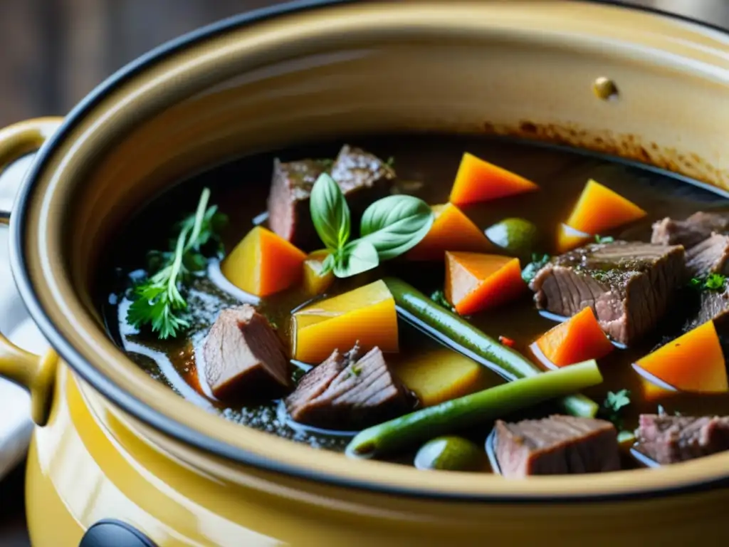 Un CrockPot rústico y gastado rebosante de un guiso reconfortante, evocando recetas históricas culturales de cocción lenta