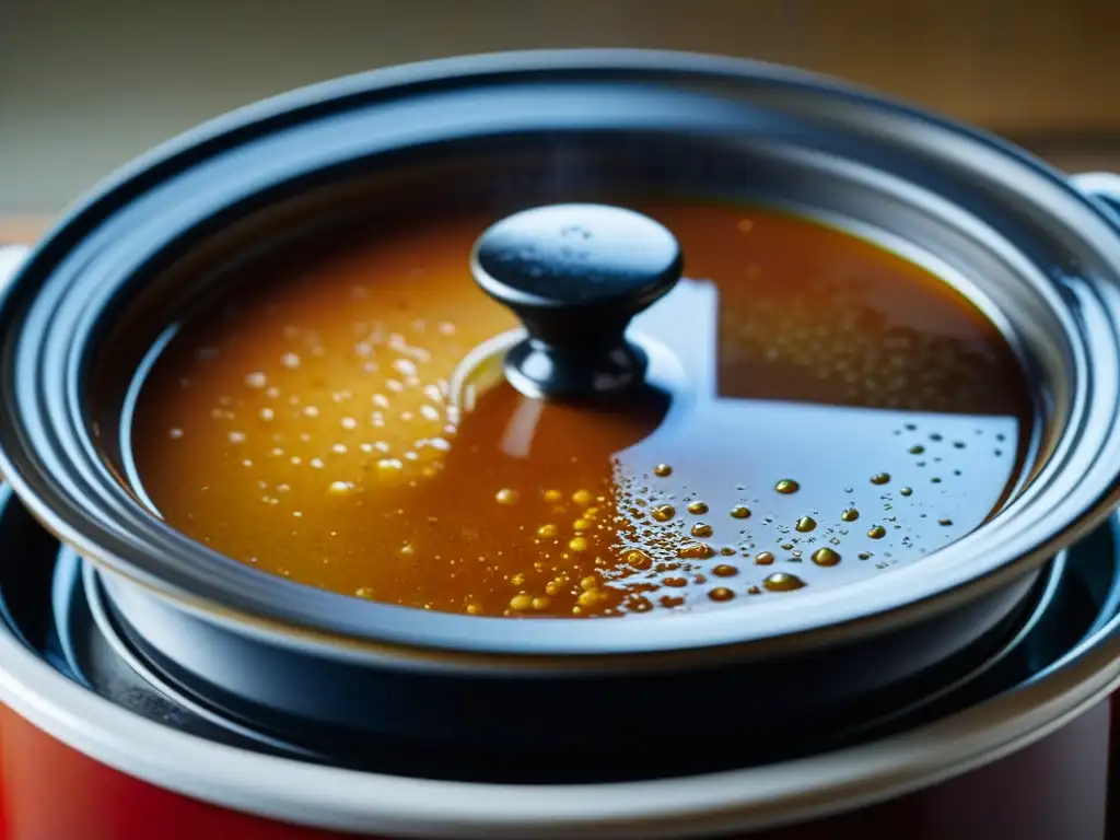 Un CrockPot tradicional con una rica estofado burbujeante, mostrando la esencia de la cocción lenta y recetas históricas culturales