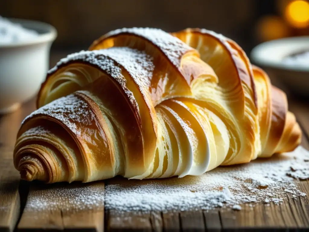 Un croissant dorado y escamoso, recién horneado, sobre una mesa rústica de madera