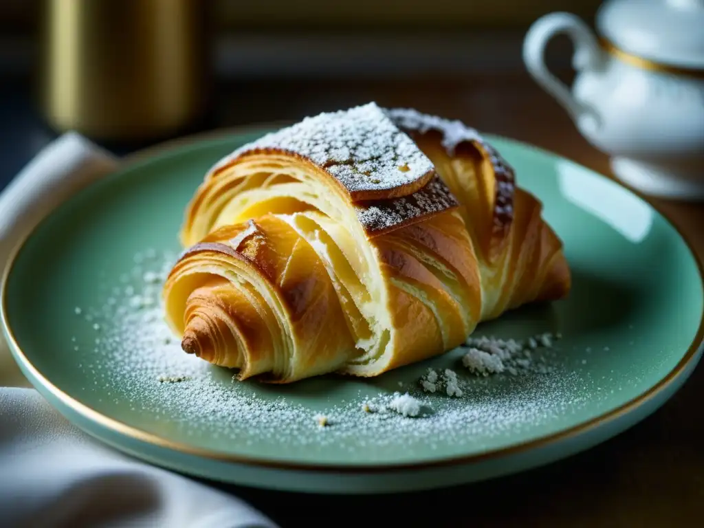 Un croissant dorado y escamoso con azúcar glass en un plato de porcelana vintage