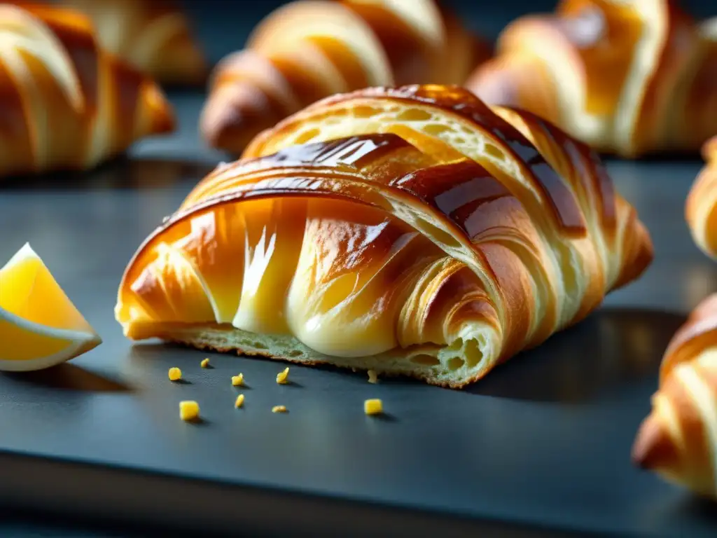 Un croissant recién horneado, dorado y delicado, muestra las capas y textura de la repostería francesa