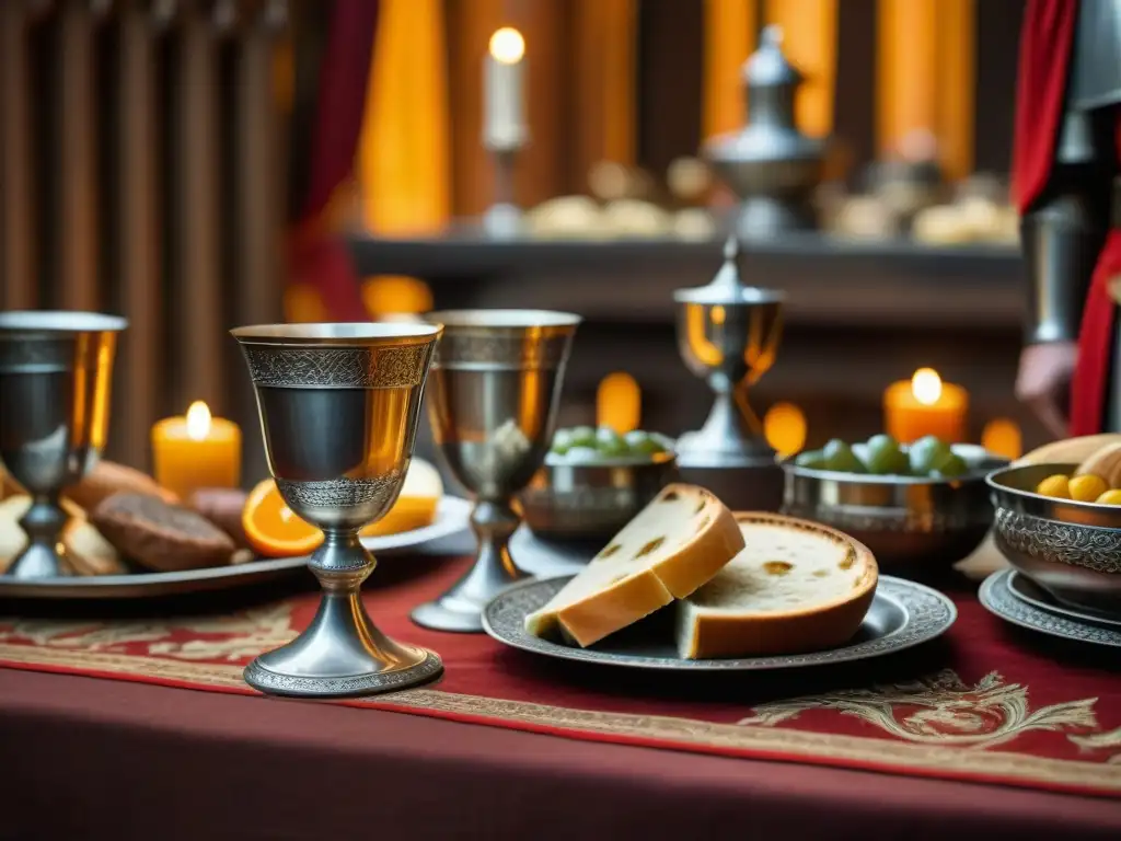 Alimentación de los cruzados en un banquete medieval lujoso con caballeros y decoración ricamente detallada