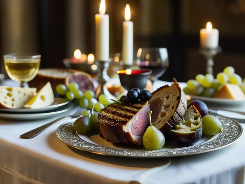 Alimentación de los cruzados en un banquete medieval opulento con manjares exquisitos y ambiente cálido