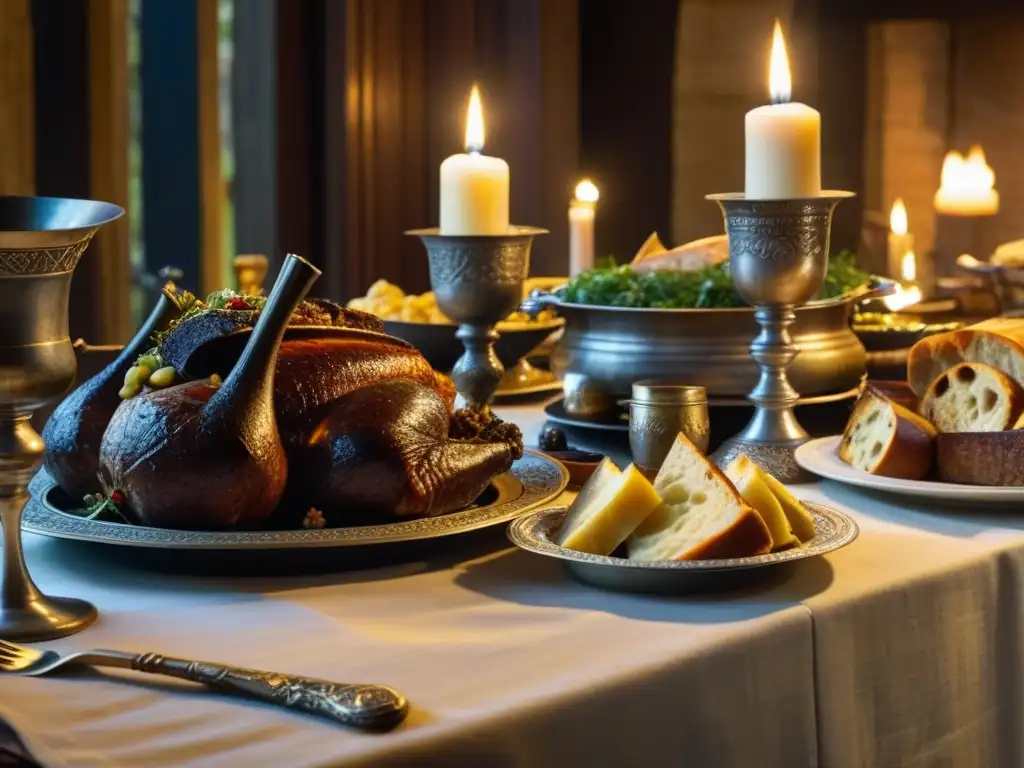 Alimentación de los cruzados en una mesa medieval con exquisitos manjares y ambiente histórico