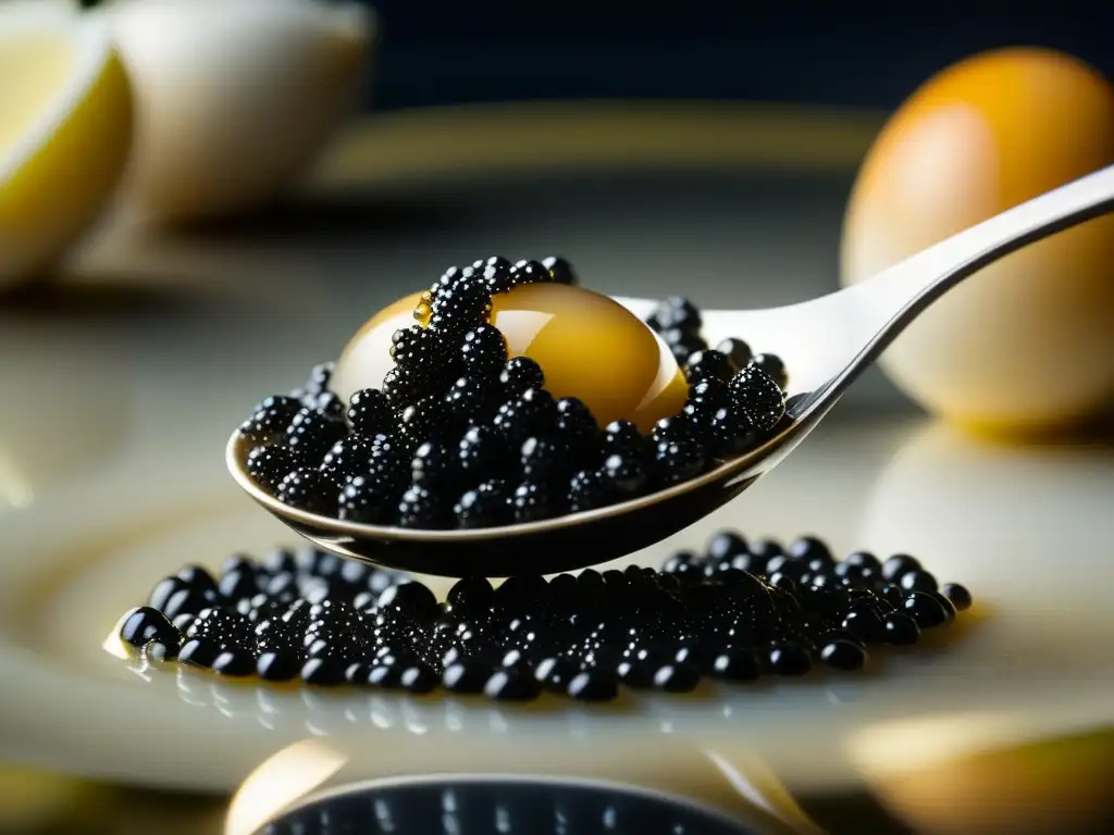 Una cuchara de nácar recoge caviar negro en un entorno elegante, evocando el origen cultural del caviar francés