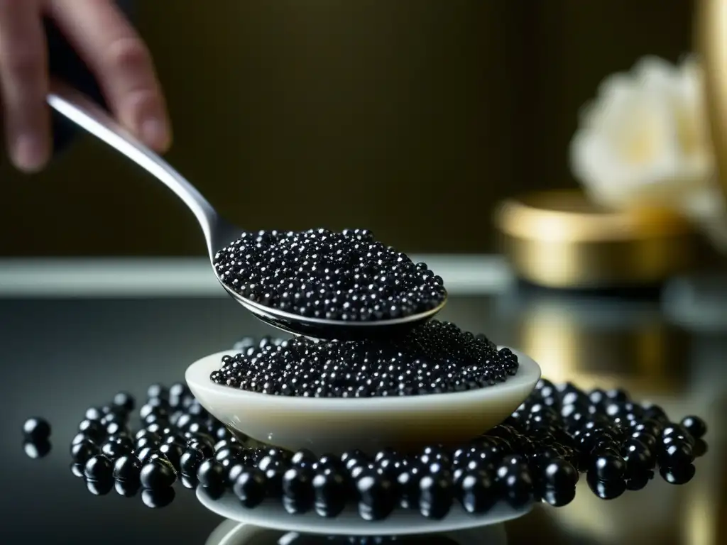 Una cuchara de madreperla recogiendo caviar negro de un frasco de cristal, con burbujas de champán, reflejando lujo y sofisticación