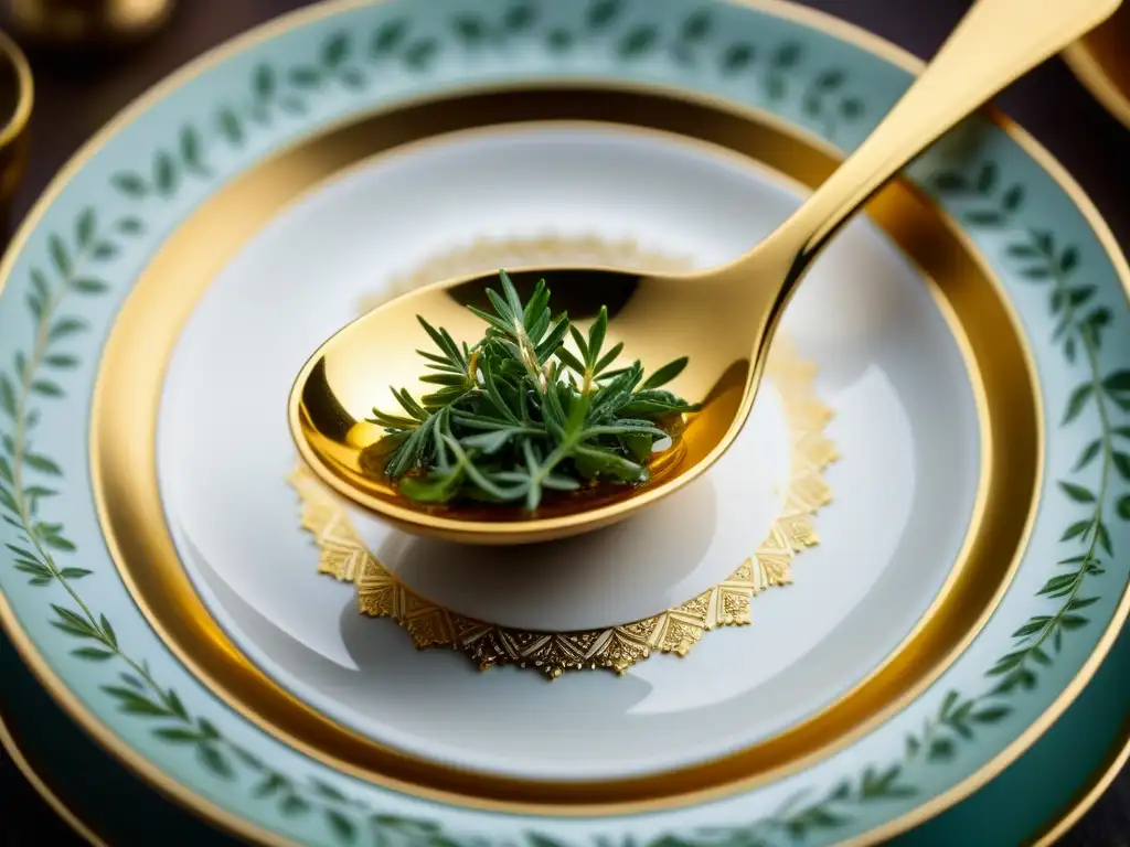 Una cuchara dorada con emblemas reales grabados, rodeada de hierbas frescas en un plato de porcelana