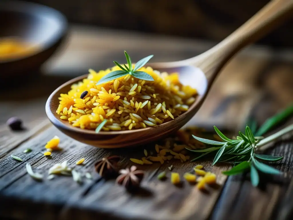 Una cuchara de madera antigua sirviendo arroz de azafrán entre especias y hierbas frescas en una mesa rústica