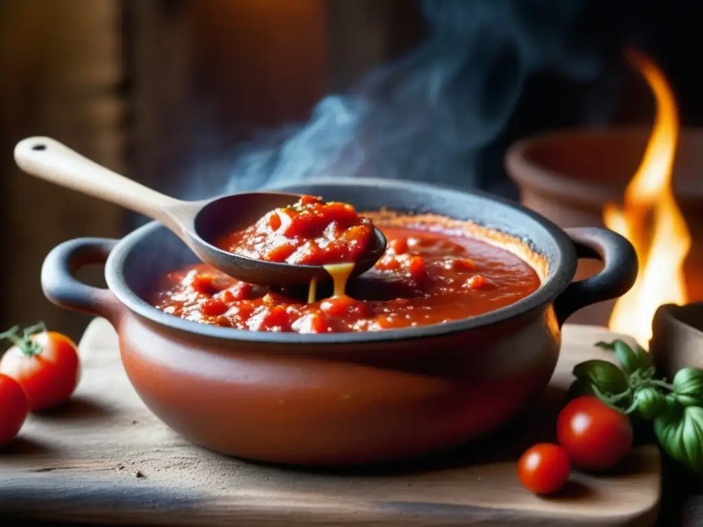 Una cuchara de madera antigua revolviendo salsa de tomate en olla de barro sobre fuego, evocando recetas históricas culturas épocas contexto