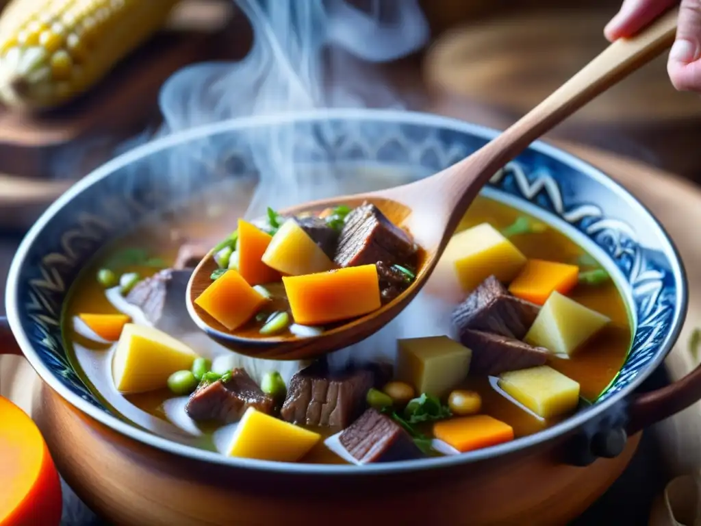 Deliciosa cazuela chilena: texturas y colores vibrantes Una cuchara de madera removiendo una cazuela de vacuno, capturando la esencia de la inmigración y cocina en Sudamérica