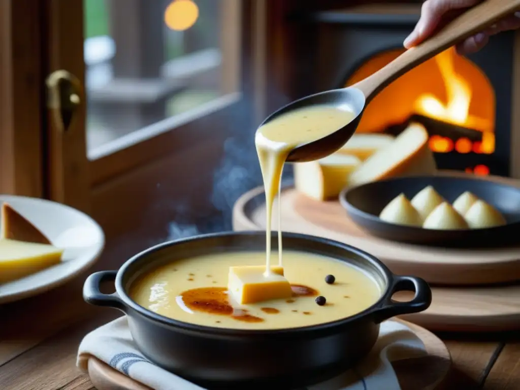 Una cuchara de madera removiendo fondue suizo en un acogedor chalet alpino