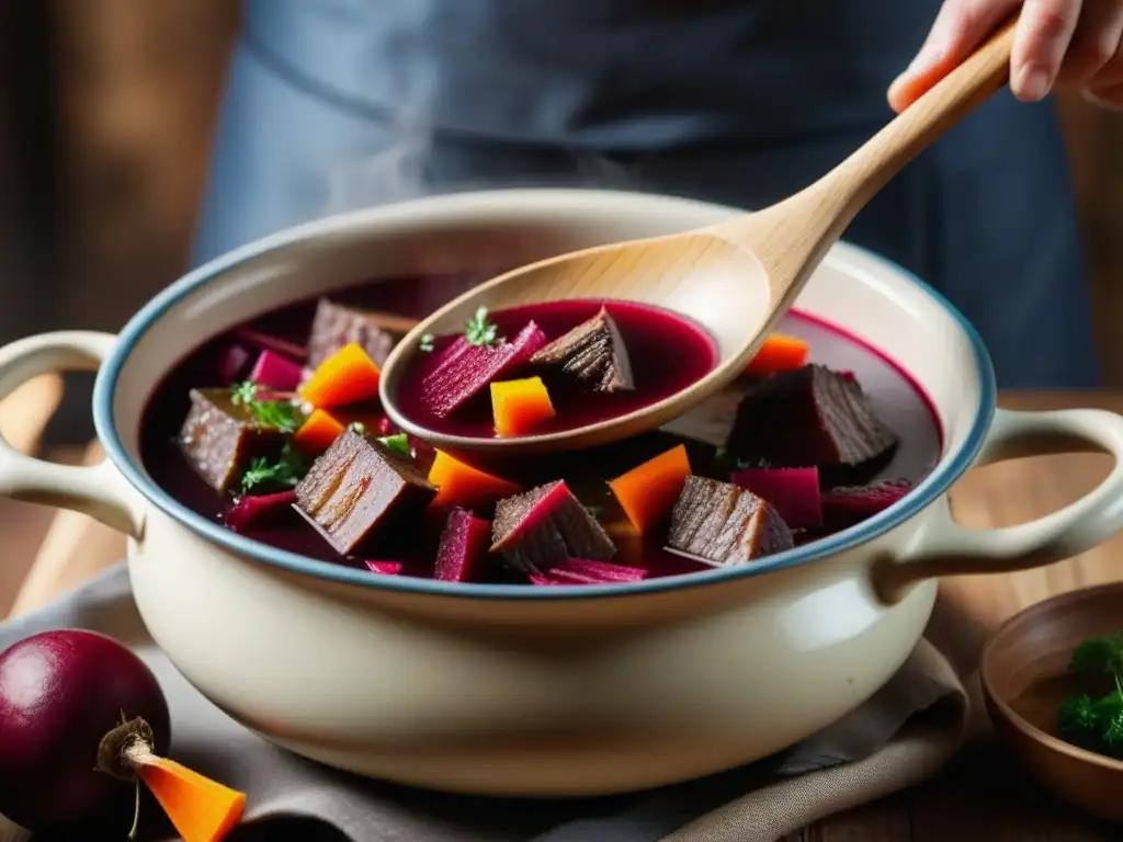 Una cuchara de madera revolviendo una olla de sopa borsch, con remolachas rojas y zanahorias, evocando la calidez de la cocina comunitaria durante tiempos de revolución