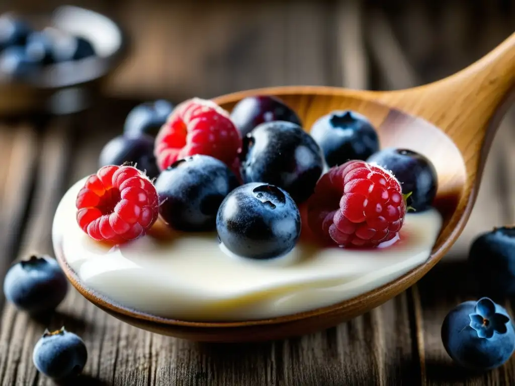 Una cuchara de madera sumergida en una crema espesa como yogur, rodeada de bayas frescas en una mesa escandinava