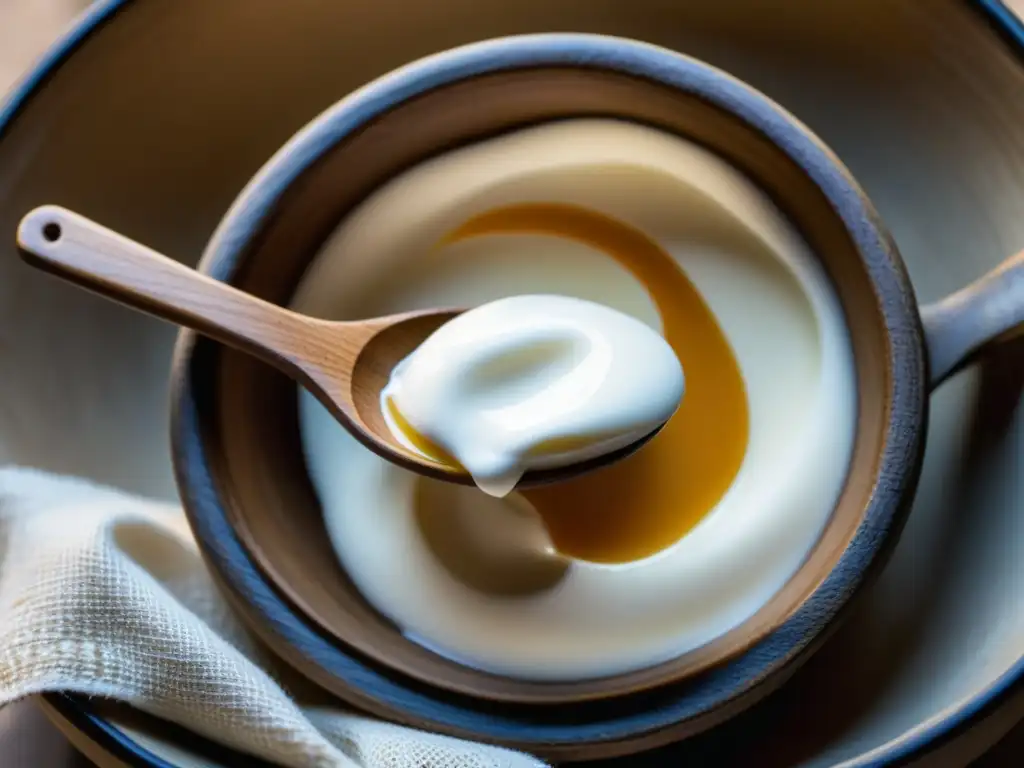 Delicada cuchara tallada en madera y yogur armenio cremoso en olla de barro Una cuchara de madera tallada a mano recoge suavemente yogur armenio cremoso de una vasija de barro, en una escena culinaria íntima