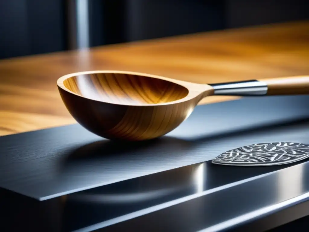 Una cuchara de madera tallada a mano junto a un gadget de cocina de acero inoxidable, simbolizando la fusión de tradición culinaria y tecnología