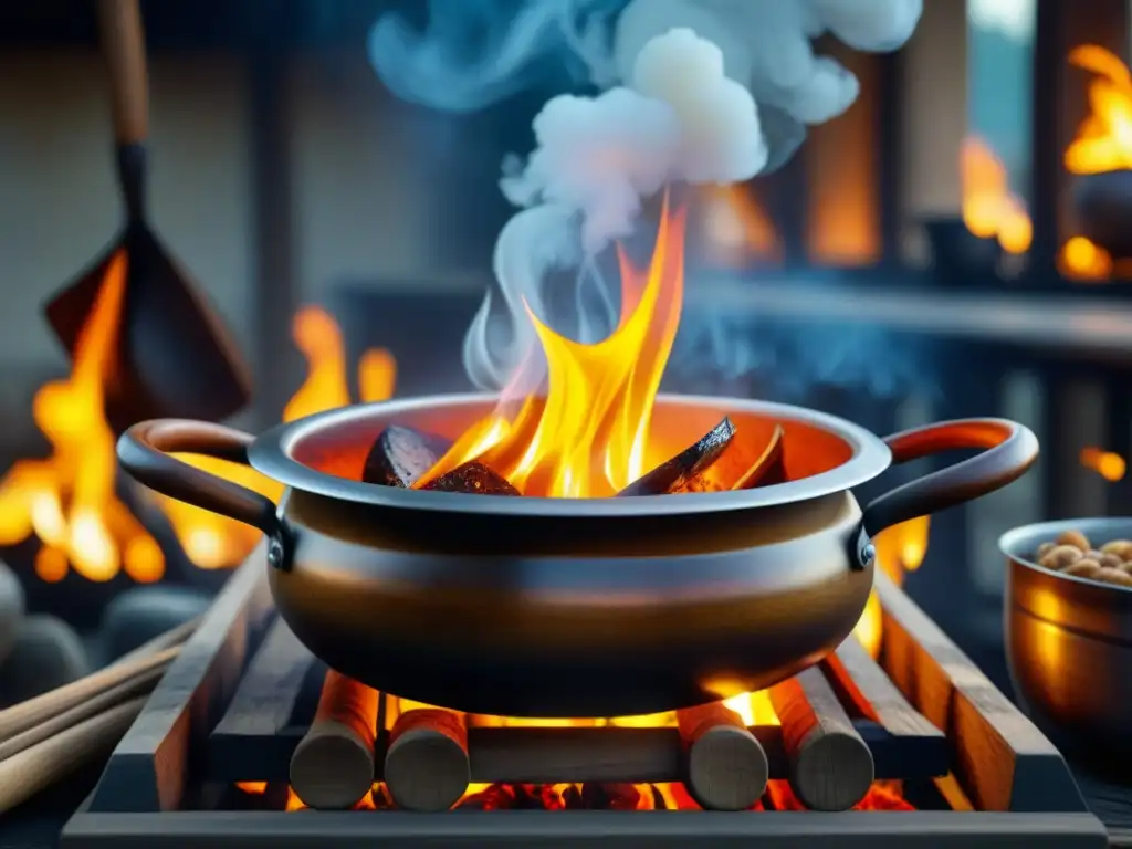 Una cuchara de madera tradicional removiendo un guiso burbujeante sobre fuego, resaltando la influencia gastronómica en la identidad