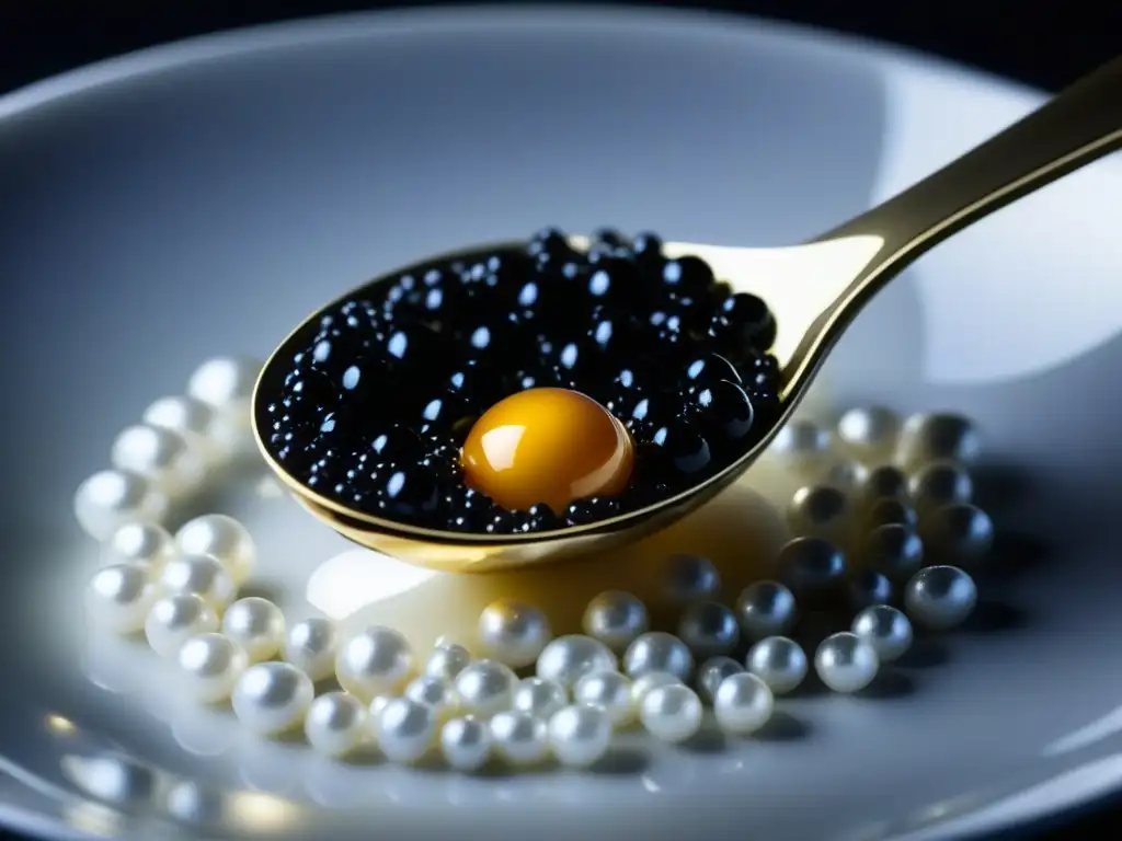 Una cuchara de nácar recoge delicadamente perlas de caviar negro, reflejando opulencia y lujo