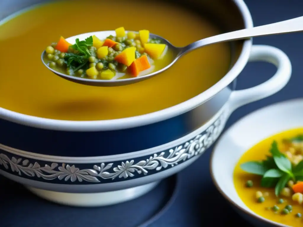 Una cuchara de plata antigua sirve una exquisita sopa Mulligatawny, reflejando la opulencia de la historia cultural