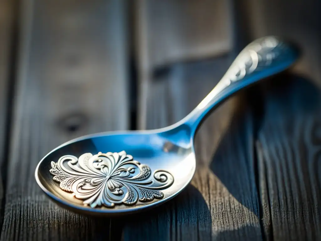 Una cuchara de plata antigua descansa en una mesa de madera rústica