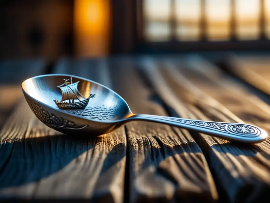 Una cuchara de plata con grabados daneses históricos reposa sobre mesa de madera en Copenhague, iluminada por la ventana
