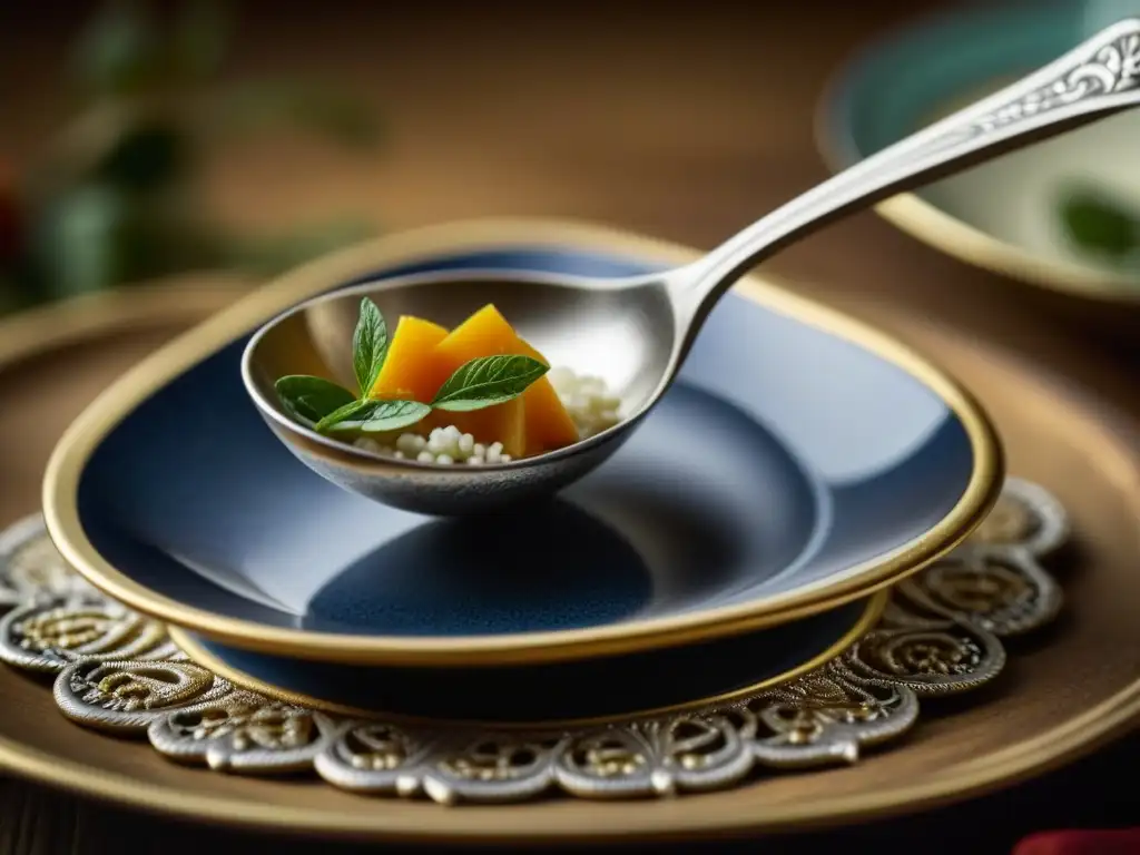 Una cuchara de plata colocando una guarnición en un plato histórico