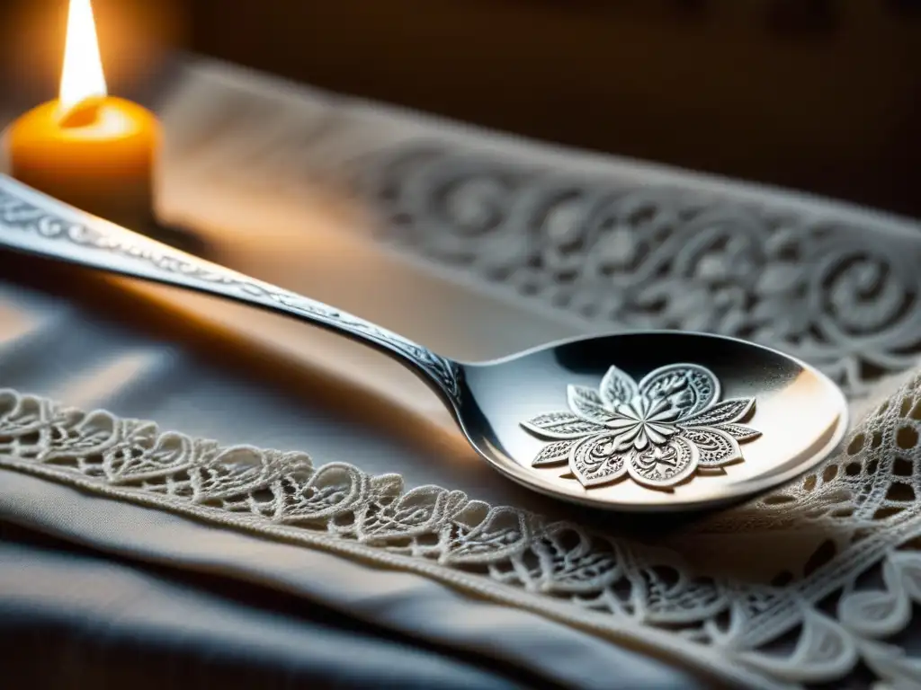 Cuchara de plata en mesa de encaje, iluminada por velas en cocina renacentista con recetas históricas