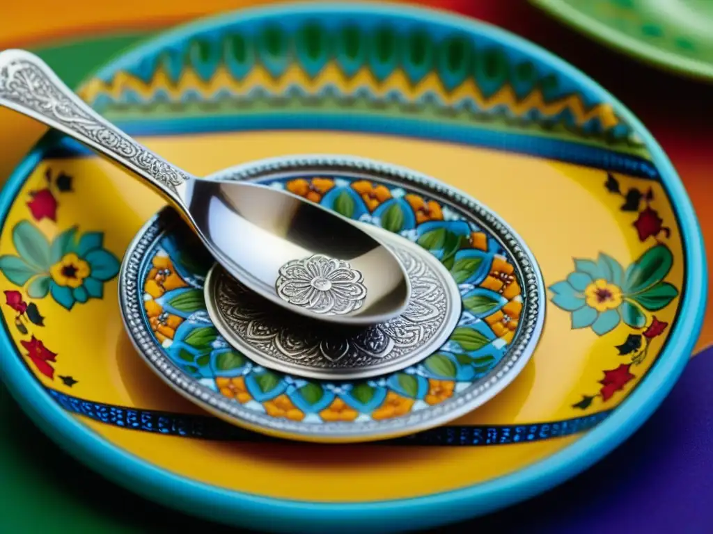 Una cuchara de plata otomana descansa sobre un plato colorido con delicias saludables