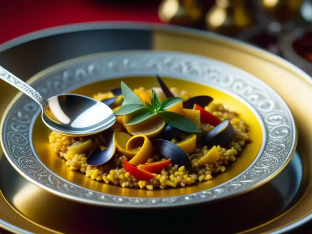 Realeza en la cuchara: paella real con azafrán en plato dorado Cuchara de plata regia sirviendo paella de azafrán en plato dorado, reflejando la influencia monarquía española cocina